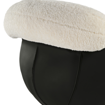 Cara Swivel Lounge Chair Detail: White Lamb Velvet Upholstery, Black Leather Base, Eureka Ergonomic.