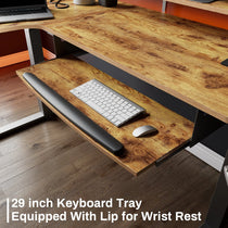 L-Shaped Standing Desk With 29-Inch Keyboard Tray and Wrist Rest, Maple Finish, Ergonomic Workspace.