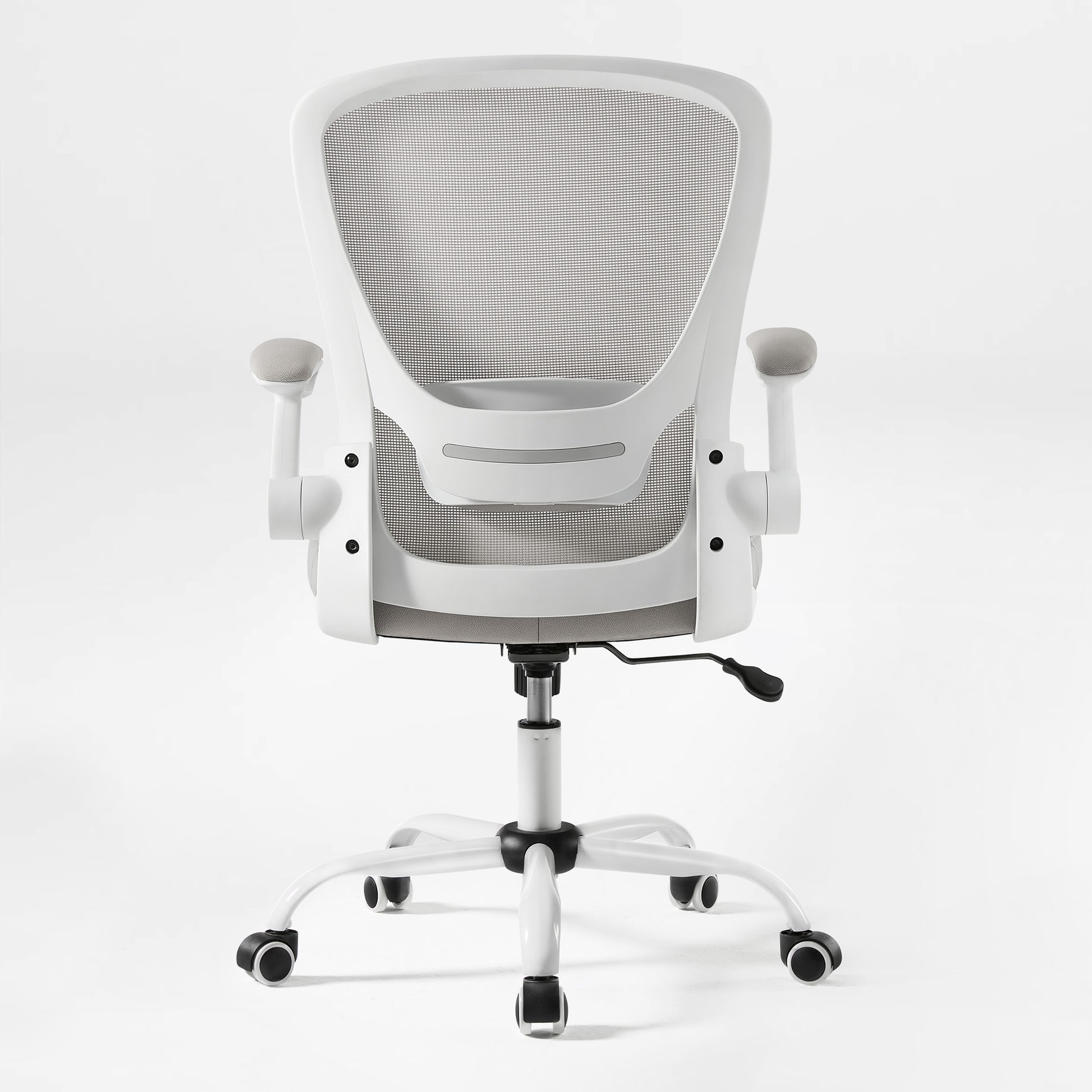 Onyx Ergonomic Office Chair With White Frame, Gray Seat, and Mesh Back, Offering Ergonomic Support.