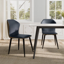 Elysian Blue Dining Chairs Set, Blue Pu Leather, White Stitching, Black Legs, Modern Dining Room.