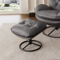 Gray Tufted Ottoman and Armchair Set With a Black Metal Base, Perfect for Modern Living Spaces.