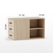 Zen Pro Executive Desk Cabinet With Drawers and Shelves in Light Wood Finish, Dimensions Labeled.