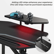 Eureka Ergonomic Gaming Desk With Black Convertible Shelves, Integrated Led Lighting, and Accessories for Enhanced Workspace.