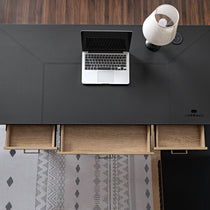 Ark Ex Executive Standing Desk With Black Faux Leather Desktop, Modern Office Setup.