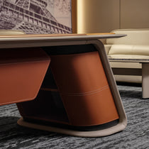 Eureka Ergonomic Zen Altair desk: tan faux leather with stitching on taupe base, dark interior, grey rug detail.
