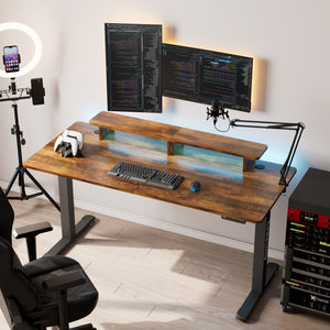 63" x 29" Walnut Height Adjustable Desk with RGB Monitor Stand