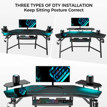 Eureka Ergonomic Wing-shaped gaming desk configurations: RGB lighting, monitor risers, cup holder, headphone hook, installation options shown.
