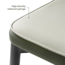 Close-Up of Upholstered Dining Chair Seat With High-Density Rebound Sponge in Gray and Bottle Green.
