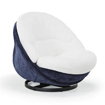 Gloria Swivel Lounge Chair in White Faux Fur & Navy Chenille, 360-Degree Swivel Base for Living Room.