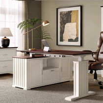 Eureka Ark Es Standing Desk With Mahogany Veneer Top and White Base in Home Office Setting.