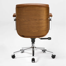 Eureka Ergonomic brown Mathias Mason low back office chair shown from the rear with its walnut shell