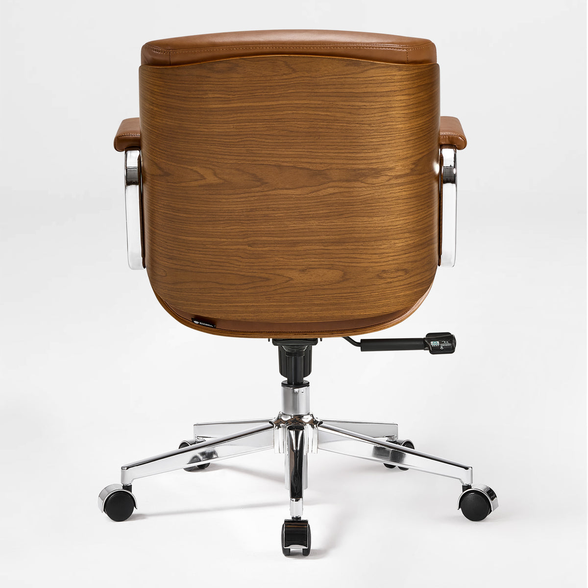 Eureka Ergonomic brown Mathias Mason low back office chair shown from the rear with its walnut shell