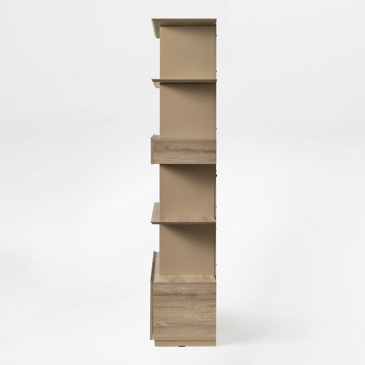 Eureka Ergonomic Ark 78 inch oak bookshelf with drawers and display shelves, side view
