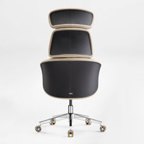 Eureka Ergonomic Royal Rowan executive chair, stacked beige microfiber, ribbed black back, chrome base, tan casters.