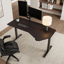 Eureka Ergonomic Heptagon Standing Desk With Dual Monitors, Ergonomic Chair in a Modern Home Office Setup.