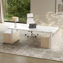 Eureka Ergonomic Zen Pro Executive Standing Desk With White Sintered Stone Top and Wooden Cabinets, Modern Office Design.