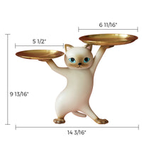HD-17 Enchanting Cat Storage Ornament - Beige Resin Cat Figurine With Gold Trays for Stylish Home Storage.