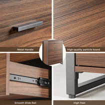 Walnut 5-Drawer Dresser Detail: Metal Handle, High-Quality Board, Smooth Slide Rail and High Feet.