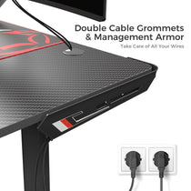 L-Shaped Gaming Desk Cable Management With Double Grommets and Outlet.