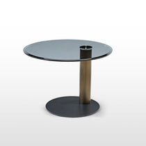 Modern Side Table With a Brushed Bronze Finish and a Glass Top, Perfect for Living Rooms.