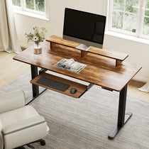 Ergonomic Walnut Desk With Pull-Out Keyboard Tray, Monitor, Logitech Keyboard, and Height Adjustment.