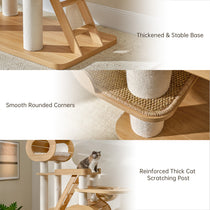 Eureka Ergonomic Babylon 76" cat tree: close-up of stable wood base, rounded corners, reinforced sisal posts. Cat rests on platform.