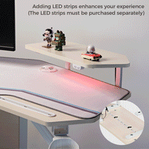 Eureka Ergonomic Convertible Desk With Light Wood Grain Shelf and Led Strip Enhancement, Maximizing Workspace.