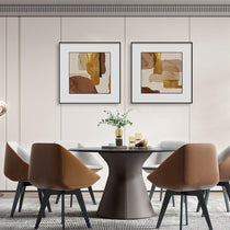 Abstract Wall Art Set of 2, 31.5X31.5, Above a Dining Table With Brown Leather Chairs, Perfect for Home Decor.