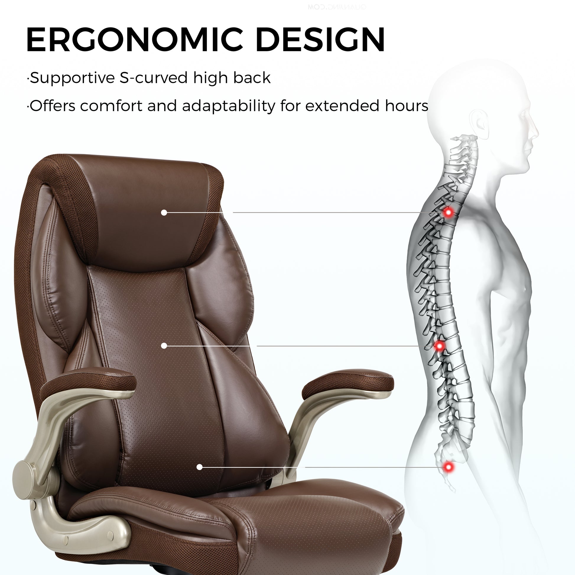 Galene, Home Office Chair, Brown, Breathable cushioned PU Leather Fabric, Ergonomic Design, Supportive S-curved high back, Offers comfort and adaptability for extended hours
