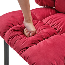 Rlesana Velvet Dining Chair in Red, Showing Detail of the Quilted Seat and Luxurious Velvet Material. Dining Chair With Hand.