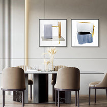 WA-04, Set of 2 Framed Abstract Wall Art Prints Above Dining Table, Blue, Gold, and Gray Geometric Designs.