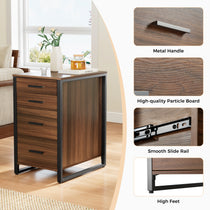 Walnut File Cabinet With Black Metal Frame, Four Drawers for Office Storage, Metal Handle.