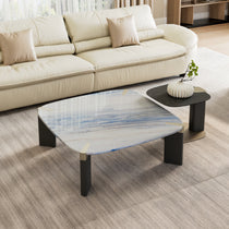 Modern Coffee Table Set With Green Marble Top and Side Table Next to Sofa.