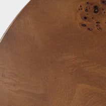 43 Brown Round Coffee Table Detail - Brown Wooden Veneer Surface With Natural Wood Grain.