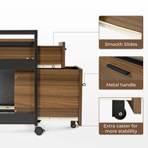 Rustic Brown 23 Inch Rolling File Cabinet Detail: Smooth Slides, Metal Handle, and Extra Caster.