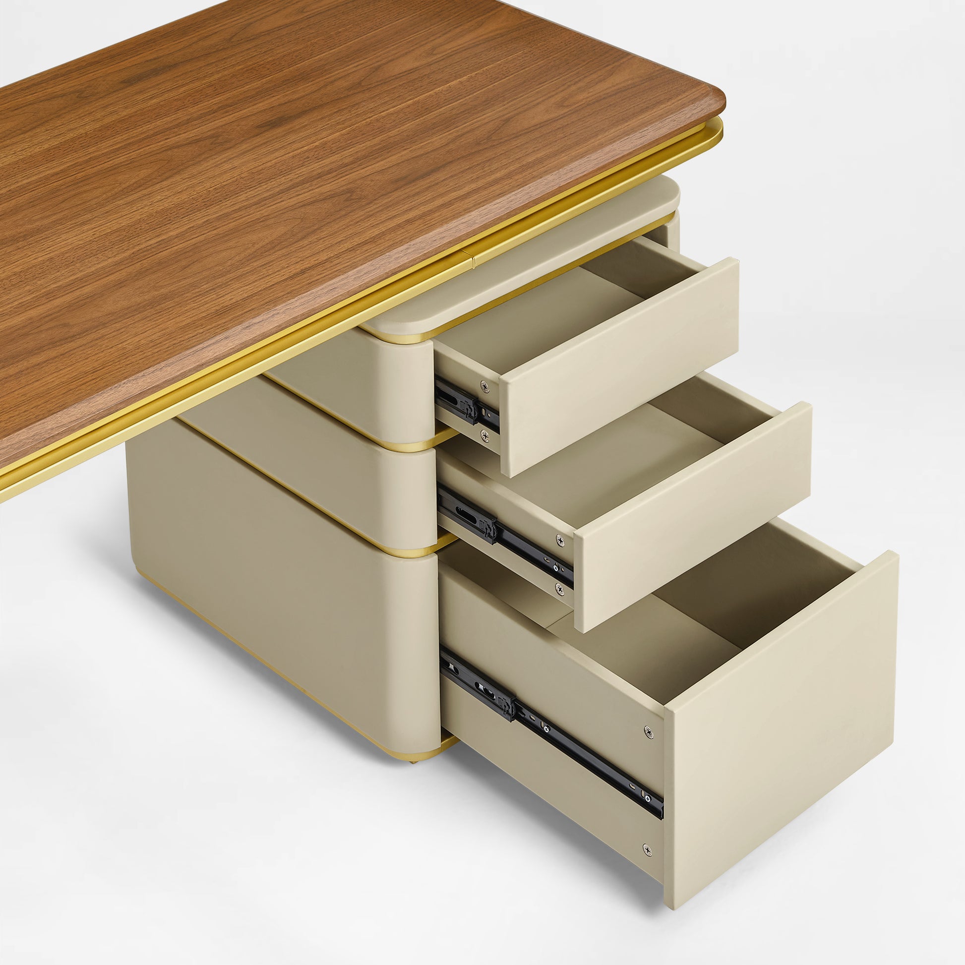 78 inch Zenith Series Office Desk with leather and metal slides drawer interior detail.