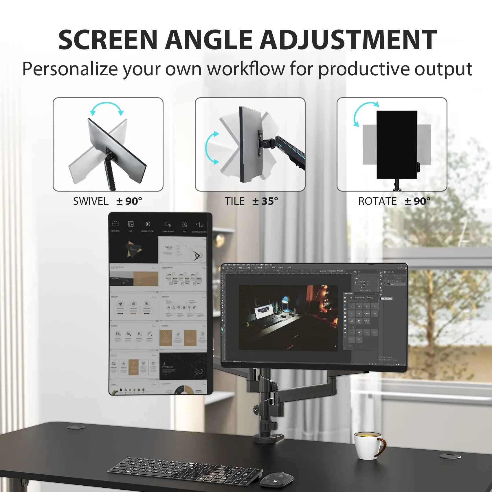 Dual Monitor Arm Fully Adjustable with 3-Section Extended Design for Office