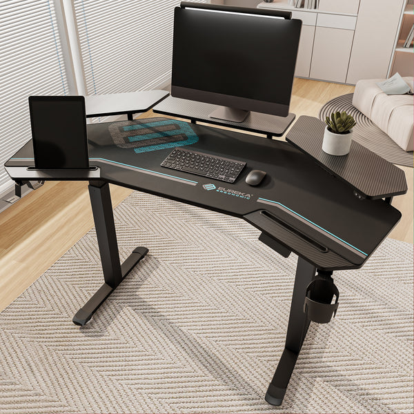 Eureka 63'' Wing Shaped Electric Standing Desk with monitor shelves