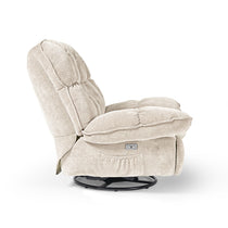 Grayson Power Recliner Chair in Beige Fabric With Rocking Swivel Base and Comfortable Design.