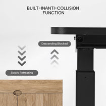 Eureka Ergonomic Diagram of L-shaped standing desk anti-collision function, showing 'Slowly Retreating' and 'Descending Blocked' modes.