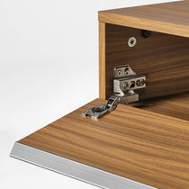 Eureka Ergonomic Ark 78 inch walnut bookshelf with close-up of the drop-down cabinet hinge