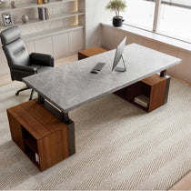 Eureka Ergonomic Zen Pro Executive Desk With Sintered Stone Top, Wooden Cabinets, and Modern Office Design.