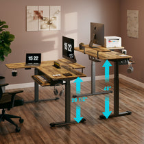 L-Shaped Standing Desk With Adjustable Height From 29.5 to 48, Showing Time 15: 22 On the Monitor.