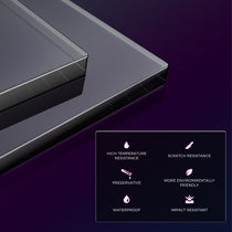 Close-Up of GTG-L60 Pro Glass Gaming Desk, Showcasing Scratch-Resistant, Waterproof, and Eco-Friendly Features.