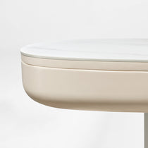 Eureka Ergonomic Opal Oval Executive Standing Desk Detail. Light Beige Desk With White Top.