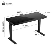 Black GTG-G55 Glass Gaming Standing Desk With Dimensions, 200Lbs Capacity.