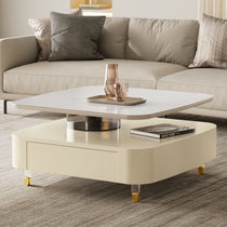 35 Creamy White Rotating Coffee Table With Marble Top and Drawers, Modern Living Room Furniture.