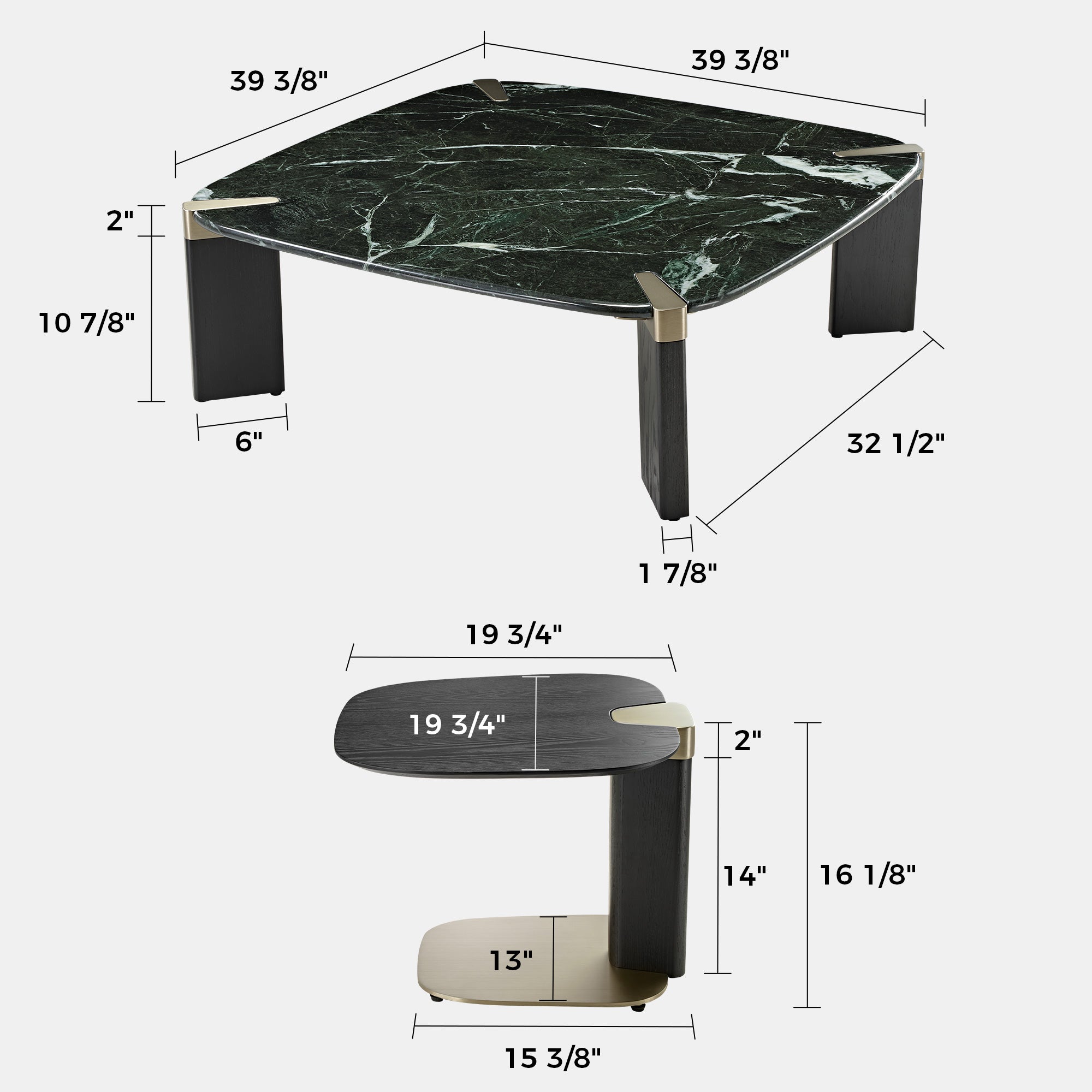 Eureka Ergonomic Modern Prada Green Square Coffee Table Set of 2