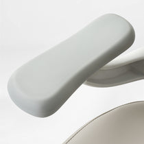 Eureka Ergonomic Vera ergonomic office chair light grey PU leather armrest detail on white frame.