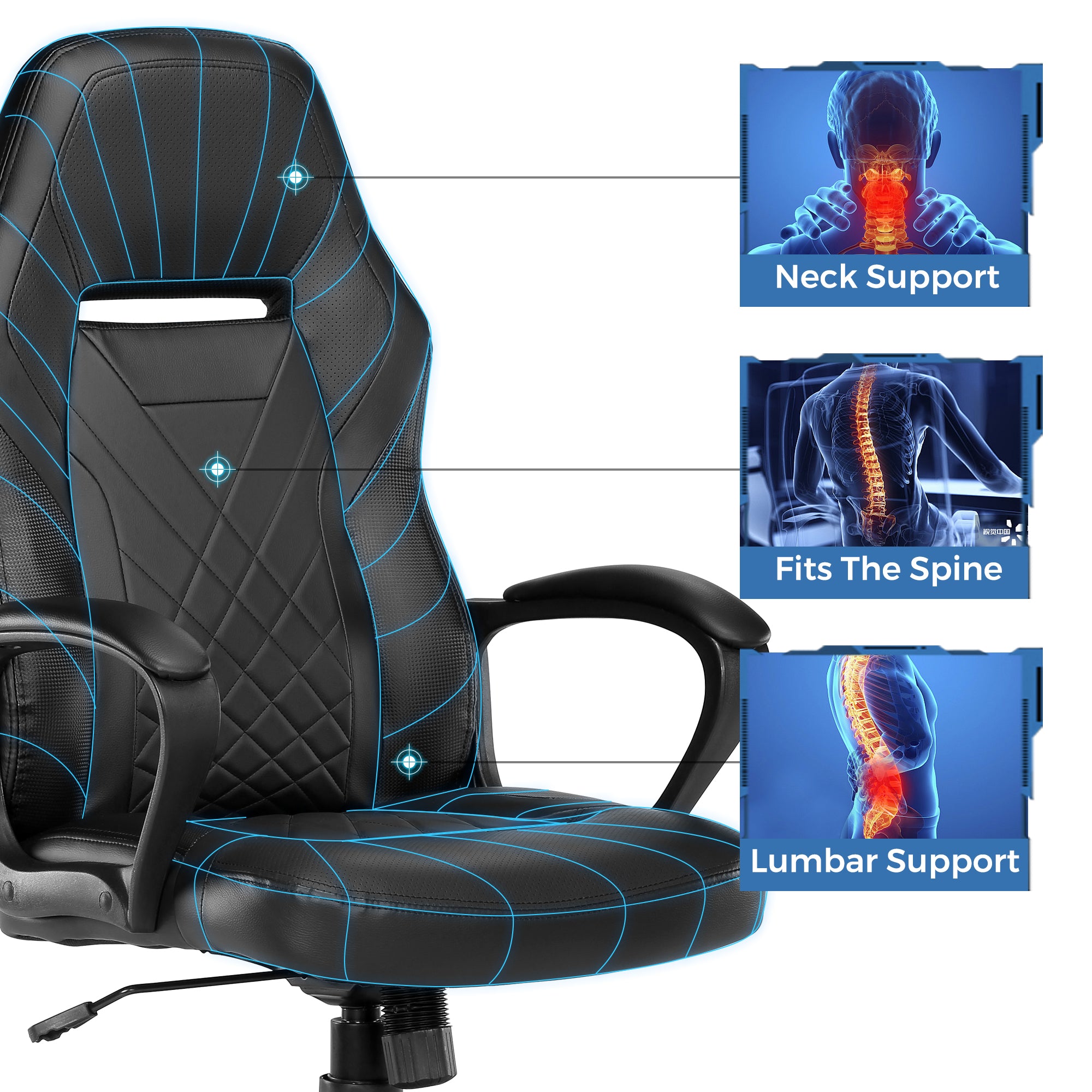 Chair with lumbar outlet and neck support